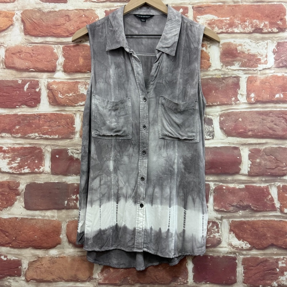 Rock & Republic Top Women's Large Gray Boho Tie Dye Button Up Casual Tunic Shirt